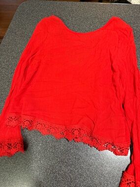 H&M Red Lace-Hem Long Sleeve Scoop Neck Top
